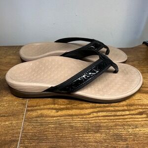 Vionic Womens Black Patent Orthotic Flip Flop Sandals Arch Support Thong Shoes